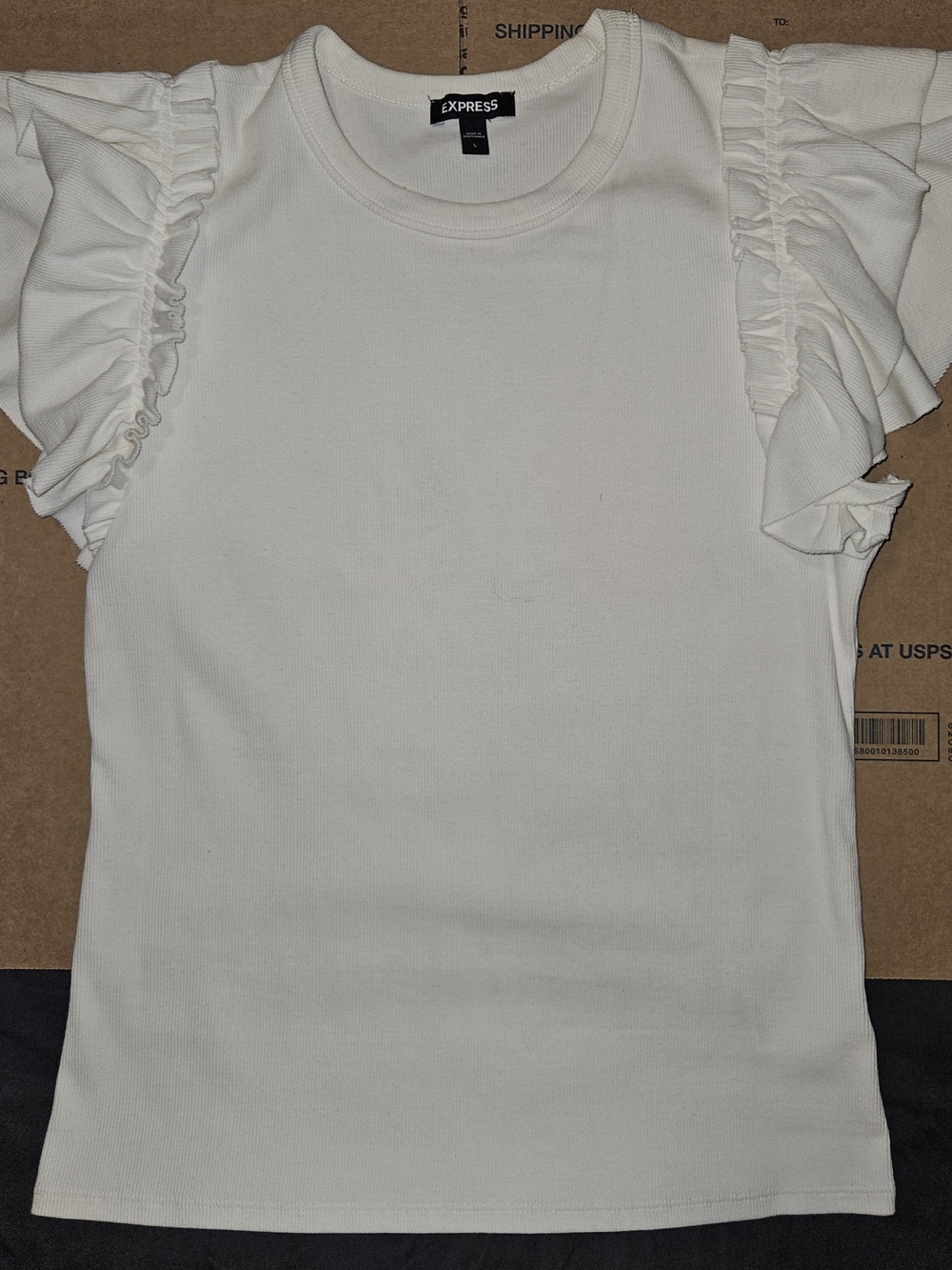 Express Cream Ruffle Sleeve Short Sleeve Knit Top